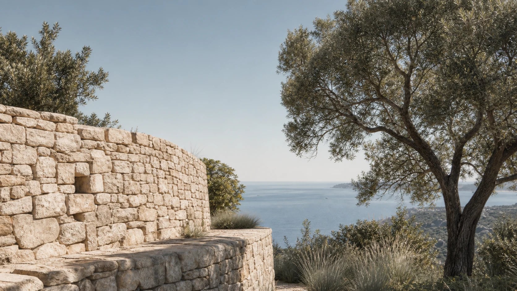Limestone garden wall and olive tree above the sea